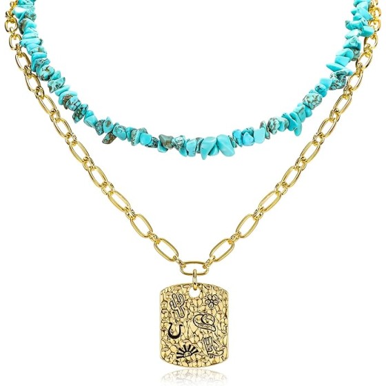 Vintage Layered Western Cowgirl Pendant Necklace for Women Turquoise Chip Stone Beads Choker Necklace Cowboy Hat Boot Horseshoe Pattern Charm Adjustable Gold Chain Boho Jewelry Gift for Women Men