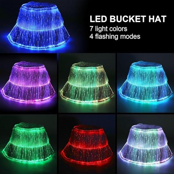 LED bucket hat, Rave hat with light up hat 7 colors crazy hat, Glowing in the dark hat with USB rechargeable