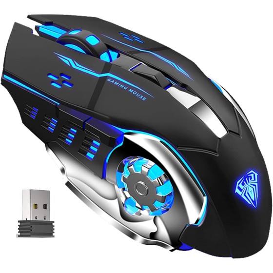 AULA SC100 Silent Wireless Gaming Mouse Rechargeable, with Side Buttons, LED Backlit, DPI Adjustable, 2.4G Wireless Optical Computer Mice Punk Cool Mouse for Games/Work