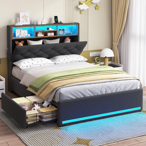 Twin Size Bed Frame with Hidden Storage Headboard and 4 Drawers, Upholstered Platform Bed Twin with LED Lights & Charging Station, No Box Spring Needed, Noise-Free, Dark Grey