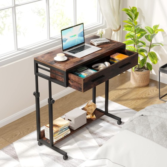 Tribesigns Portable Desk with Drawers, Mobile Laptop Desk with Wheels, Sofa Side Table Small Portable Standing Rolling Table for Home Office